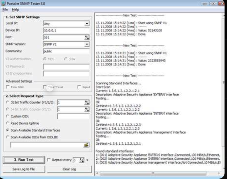 Paessler SNMP Tester 3.0 configured with device IP 10.0.0.1, port 161 and community public, running a test that returns values in the log pane